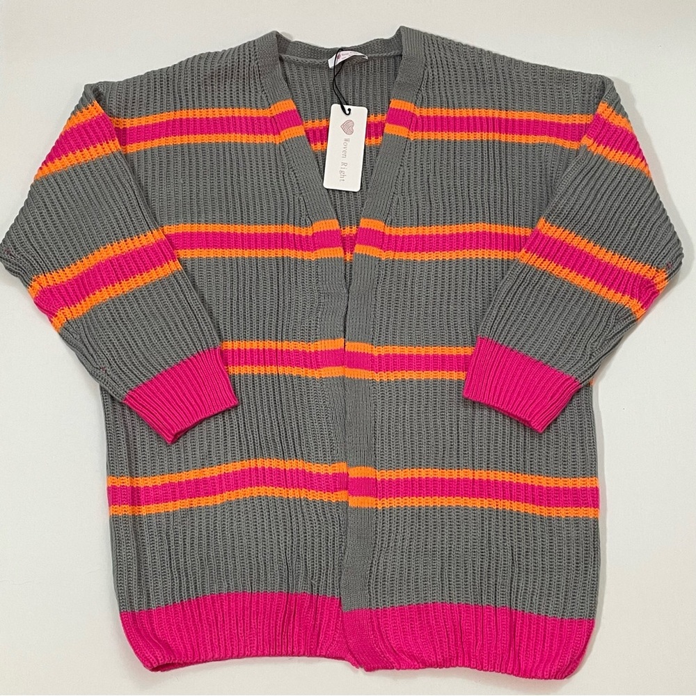 Woven Right Womens Striped Chunky Knit Cardigan Grey Pink Orange Size Medium NWT - Picture 2 of 5